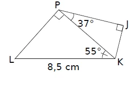 Triangles LPK et PKJ Figure avec triangle LPK rectangle en P, LK = 8,5 cm, angles de 55° en K et 37° en P, point J — exercice de maths en 3ème de trigonométrie