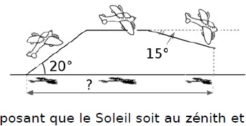Trajet d'un avion Schéma d'un avion qui décolle avec un angle de 20°, vole en palier puis descend avec un angle de 15° — exercice de maths en 3ème de trigonométrie