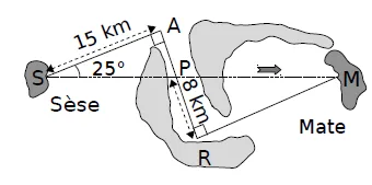 Carte des îles de Sèse et Mate Carte des îles de Sèse et de Mate avec SA = 15 km, angle de 25° en S et PR = 8 km — exercice de maths en 3ème de trigonométrie