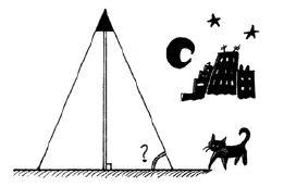 Lampadaire et cône de lumière Lampadaire de 2,60 m éclairant un disque de 95 cm de rayon, avec chat, lune et immeubles — exercice de maths en 3ème de trigonométrie