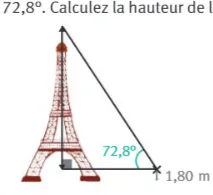 Homme observant la tour Eiffel Homme de 1,80 m observant le sommet de la tour Eiffel sous un angle de 72,8° — exercice de maths en 3ème sur la trigonométrie