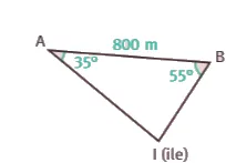 Triangle ABI des deux bateaux Triangle ABI avec AB = 800 m, angle de 35° en A et 55° en B pour l'ile I — exercice de maths en 3ème sur la trigonométrie