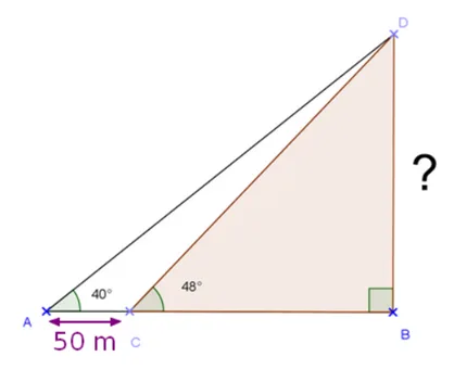 Triangles et angles de 40° et 48° Triangles ABD avec angles de 40° et 48° et une distance AC de 50 m — exercice de maths en 3ème sur la trigonométrie