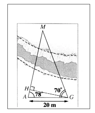 Canyon et triangle AGM Triangle AGM de part et d'autre d'un canyon avec AG = 20 m, angles de 78° en A et 70° en G, point H — exercice de maths en 3ème de trigonométrie