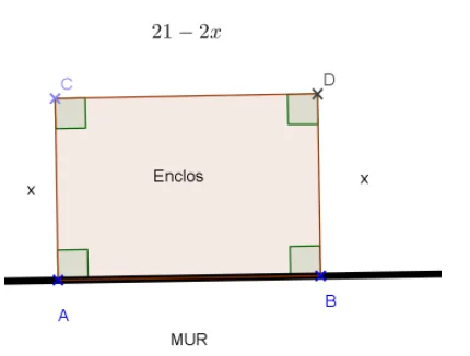 Enclos rectangulaire le long du mur Rectangle ABDC représentant l'enclos du chien le long du mur avec côtés x et 21 − 2x — exercice de maths en 3ème sur les généralités sur les fonctions
