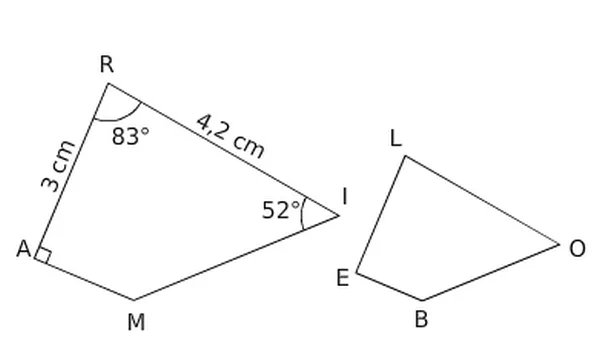 Quadrilatères RAMI et BELO Quadrilatères RAMI avec RA = 3 cm, RI = 4,2 cm, angles 83° et 52°, et BELO image — exercice de maths en 3ème sur les homothéties