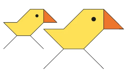 Petit et grand poussin Deux poussins jaunes à bec orange, un petit et un grand agrandi — exercice de maths en 3ème sur les homothéties et l’agrandissement