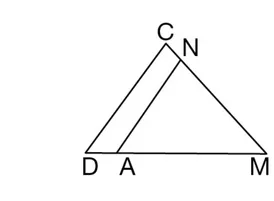 Triangles DCM et ANM emboîtés Triangle DCM et triangle ANM emboîtés, avec D, A et M alignés, C et N en haut — exercice de maths en 3ème sur les homothéties et Thalès
