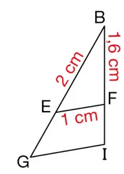 Triangles BEF et BGI de centre B Triangle BEF avec BE = 2 cm, BF = 1,6 cm, EF = 1 cm et son agrandissement BGI de centre B — exercice de maths en 3ème sur les homothéties