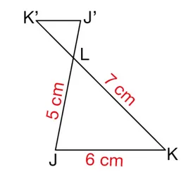 Triangles LJK et LJ'K' de centre L Triangle LJK avec LJ = 5 cm, LK = 7 cm, JK = 6 cm et son image LJ'K' de centre L, rapport négatif — exercice de maths en 3ème sur les homothéties