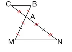 Cas a : triangles ABC et AMN Triangles ABC et AMN de centre A, points C, B d'un côté et M, N de l'autre, segments codés de même longueur — exercice de maths en 3ème sur les homothéties