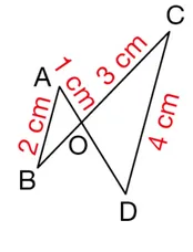 Triangles OAB et OCD en O Droites (AD) et (BC) sécantes en O, triangles OAB et OCD avec OA = 1 cm, AB = 2 cm, OC = 3 cm, CD = 4 cm — exercice de maths en 3ème sur les homothéties