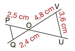 Configuration en O, QP parallèle à VU Droites sécantes en O avec OP = 2,5 cm, OV = 4,8 cm, OQ = 2,4 cm, VU = 3,6 cm et (QP) parallèle à (VU) — exercice de maths en 3ème sur les homothéties