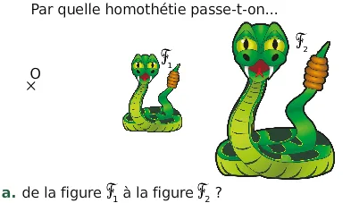 Serpents F1 et F2 et centre O Point O et deux serpents à sonnette verts, la figure F1 petite et la figure F2 agrandie — exercice de maths en 3ème sur les homothéties