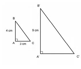 Triangles ABC et A'B'C' Triangle ABC rectangle en A avec AB = 4 cm et AC = 3 cm et son image A'B'C' avec A'B' = 9 cm — exercice de maths en 3ème sur les homothéties