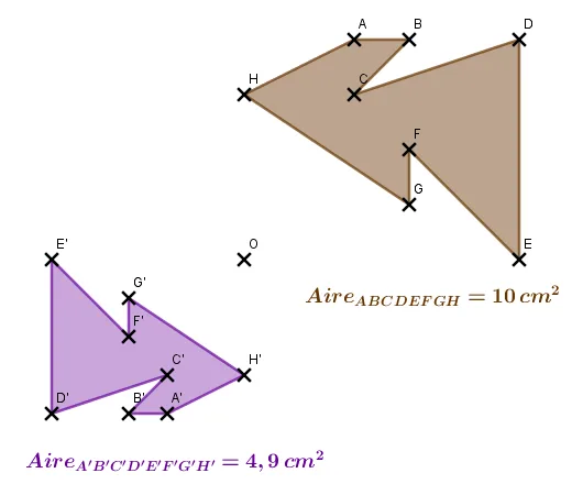 Polygone et son image, centre O Polygone ABCDEFGH d'aire 10 cm² et son image A'B'C'D'E'F'G'H' d'aire 4,9 cm² par une homothétie de centre O — exercice de maths en 3ème sur les homothéties