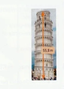 Tour de Pise de 55,8 m Tour de Pise penchée de 55,8 m de hauteur, cotée par une flèche rouge — exercice de maths en 3ème sur les homothéties