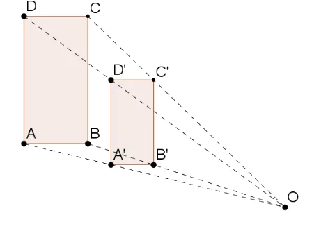 Rectangle ABCD et son image Rectangle ABCD et son image A'B'C'D' par l'homothétie de centre O et de rapport 2/3, traits de construction en pointillés — exercice de maths en 3ème sur les homothéties
