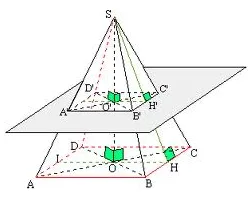 Pyramide SABCD coupée par un plan Pyramide SABCD à base rectangulaire coupée par un plan parallèle à la base, avec la section A'B'C'D' — exercice de maths en 3ème sur les sections de solides et volumes