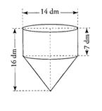 Réservoir cylindre et cône coté Réservoir d'eau formé d'un cylindre de 14 dm de diamètre et 7 dm de hauteur surmontant un cône, hauteur totale 16 dm — exercice de maths en 3ème sur les sections de solides et volumes
