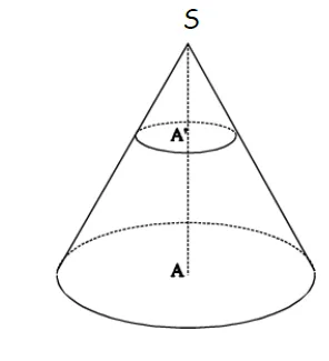 Cône de sommet S coupé Cône de révolution de sommet S coupé par un plan parallèle à la base, avec les points A et A^{\prime} sur l^{\prime}axe — exercice de maths en 3ème sur les sections de solides et volumes