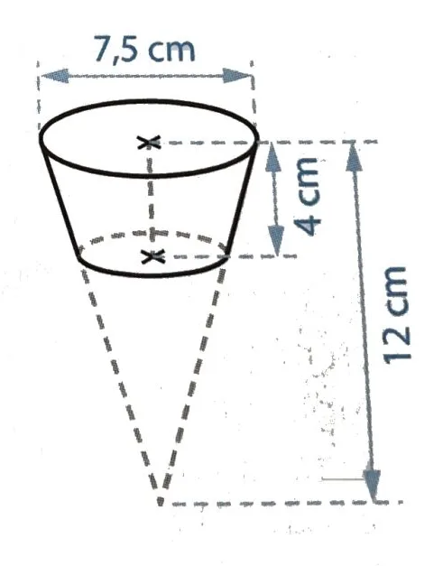 Tronc de cône d'une cavité Tronc de cône d'une cavité de moule à muffins de diamètre 7,5 cm et de hauteur 4 cm dans un cône de 12 cm — exercice de maths en 3ème sur les sections de solides et volumes