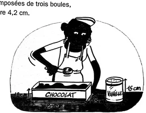 Restauratrice et pots de glace Restauratrice servant de la glace avec un pot de glace chocolat en pavé droit et un pot vanille cylindrique — exercice de maths en 3ème sur les sections de solides et volumes