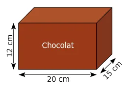 Pot de glace chocolat en pavé Pot de glace au chocolat en pavé droit de 20 cm, 15 cm et 12 cm de hauteur — exercice de maths en 3ème sur les sections de solides et volumes