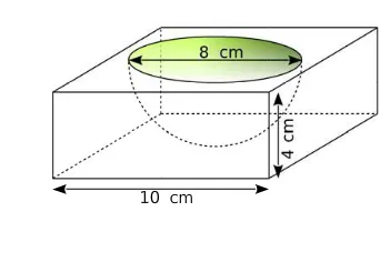 Moule pavé avec demi-boule creuse Moule à gâteau en pavé droit à base carrée de 10 cm avec une demi-boule creuse de diamètre 8 cm et profondeur 4 cm — exercice de maths en 3ème sur les sections de solides et volumes