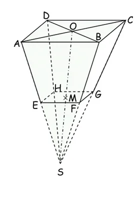 Tronc de pyramide SABCD EFGH Pyramide régulière SABCD à base carrée de centres O et M, tronquée par un plan parallèle à la base — exercice de maths en 3ème sur les sections de solides et volumes