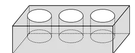 Bloc de béton percé de trois cylindres Bloc de béton en forme de pavé droit percé de trois cylindres alignés, vue en perspective — exercice de maths en 3ème sur les sections de solides et volumes