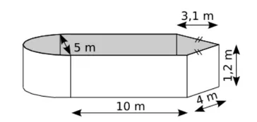 Piscine à remplir aux cinq sixièmes Piscine en forme de prisme avec demi-disques aux extrémités, dimensions 10 m, 5 m, 4 m, 3,1 m et 1,2 m — exercice de maths en 3ème sur les sections de solides et volumes