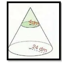 Cône coupé par un plan parallèle Cône de révolution coupé par un plan parallèle à la base, petit cône vert de 4 dm et base de 24 dm — exercice de maths en 3ème sur les sections de solides et volumes