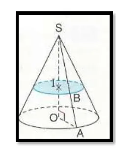 Cône de sommet S coupé en I Cône de révolution de sommet S et de centre O coupé par un plan de centre I passant par les points B et A — exercice de maths en 3ème sur les sections de solides et volumes