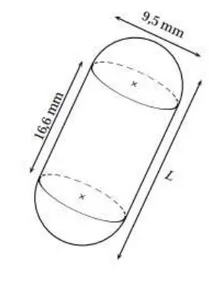 Croquis d'une gélule Croquis d'une gélule formée de deux demi-sphères et d'un cylindre, diamètre 9,5 mm, hauteur 16,6 mm et longueur L — exercice de maths en 3ème sur les sections de solides et volumes