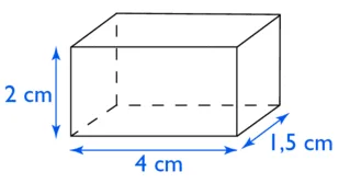 Pavé droit 2 × 4 × 1,5 cm Pavé droit de dimensions 2 cm, 4 cm et 1,5 cm dessiné en perspective — exercice de maths en 3ème sur les sections de solides et volumes
