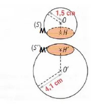 Schéma des deux sphères coupées Schéma de deux sphères (S) de rayon 1,5 cm et (S') de rayon 4,1 cm coupées par des plans de centres H et H' — exercice de maths en 3ème sur les sections de solides et volumes