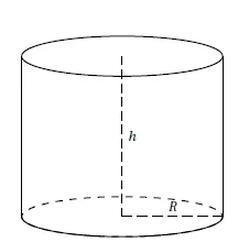Cylindre de rayon R et hauteur h Cylindre de révolution de rayon R et de hauteur h tracé en perspective avec ses pointillés — exercice de maths en 3ème sur les sections de solides et volumes