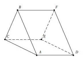 Prisme droit à base triangle isocèle Prisme droit ABCDEF à base triangulaire ABC rectangle isocèle en B avec BA = BC = BF = 5 cm — exercice de maths en 3ème sur les sections de solides et volumes