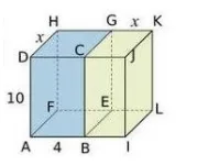 Deux pavés droits bleu et vert Deux pavés droits accolés ABCDEFGH bleu et BIJCELKG vert, dimensions 4, 10 et x en centimètres — exercice de maths en 3ème sur les fonctions linéaires