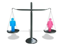 Balance hommes et femmes Balance à deux plateaux avec un personnage bleu côté hommes et un personnage rose côté femmes — exercice de maths en 3ème, statistiques et salaires