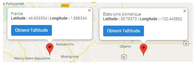 Carte, coordonnées France et États-Unis Carte Google Maps avec coordonnées de la France (46,603354 ; 1,888334) et des États-Unis (39,78373 ; -100,445882) — exercice de maths en 3ème sur les coordonnées géographiques