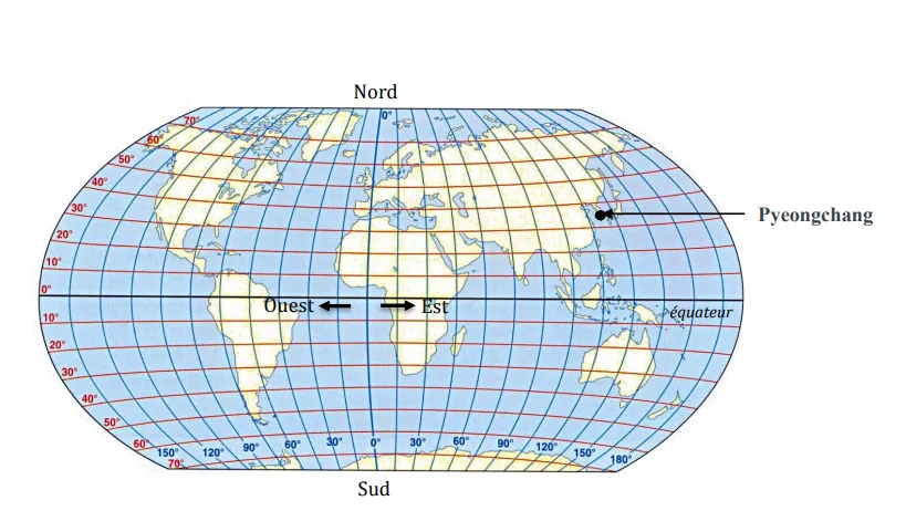 Planisphère avec Pyeongchang Planisphère quadrillé de latitudes et longitudes avec Pyeongchang repéré en Asie — exercice de maths en 3ème sur les coordonnées géographiques