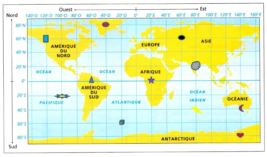 Planisphère avec symboles à repérer Planisphère quadrillé en latitudes et longitudes avec des symboles colorés à repérer sur les continents — exercice de maths en 3ème sur les coordonnées géographiques