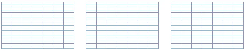 Trois grilles pour additions à trois termes Trois grilles de calcul vierges quadrillées pour poser les additions à trois termes a, b et c — exercice de maths en CM1 sur les opérations