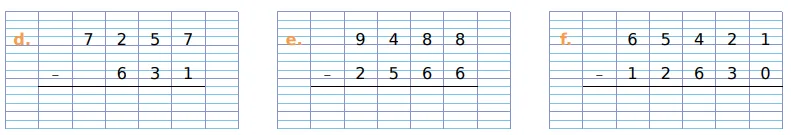 Soustractions d, e, f posées sur grille Trois soustractions posées sur grille de calcul : 7 257 − 631, 9 488 − 2 566 et 65 421 − 12 630 — exercice de maths en CM1 sur les opérations