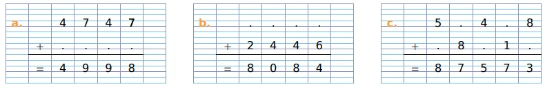 Trois additions à compléter sur grille Trois additions à compléter sur grille de calcul avec chiffres manquants : 4 747, 2 446 et 87 573 — exercice de maths en CM1 sur les opérations