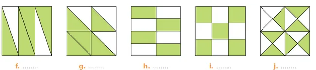 Cinq carrés partiellement colorés en vert Cinq carrés f, g, h, i, j partagés en parts égales avec une partie colorée en vert — exercice de maths en CM1 sur les fractions