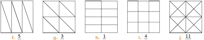 Cinq carrés à colorier, seconde ligne Cinq carrés f, g, h, i, j partagés en parts égales à colorier — exercice de maths en CM1 sur les fractions