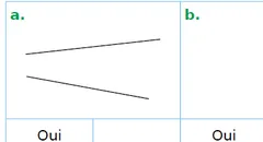Figure a deux droites Figure a : deux segments presque horizontaux légèrement inclinés l’un vers l’autre — exercice de maths en CM1 sur les droites parallèles
